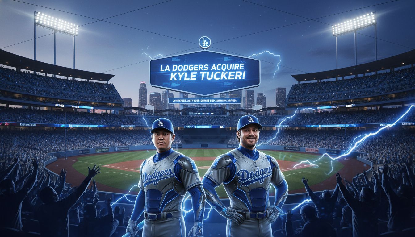 2026년 LA 다저스 유니폼을 입은 오타니 쇼헤이와 카일 터커가 환호하는 팬들 앞에서 포효하는 모습. 다저스의 막강한 2026 예상 라인업을 상징.