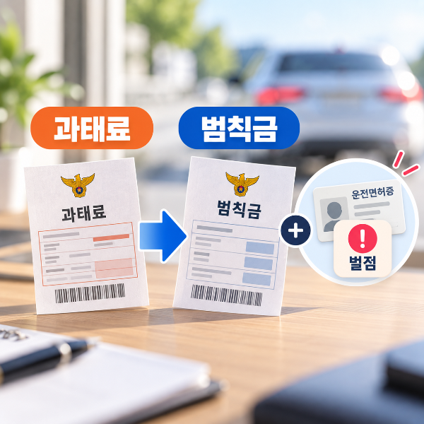 일부 과태료를 범칙금으로 전환할 때 범칙금액과 벌점을 함께 확인해야 함을 안내하는 이미지
