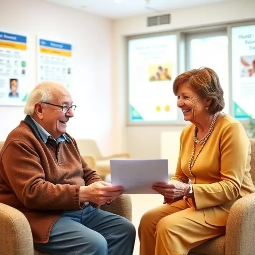 친절한 상담사와 어르신 또는 청년이 마주 앉아 서류를 보며 온화하게 대화하는 모습입니다. 둘의 얼굴에는 미소가 있고, 주변 배경은 밝고 신뢰감을 주는 공공기관의 모습으로 연출됩니다.