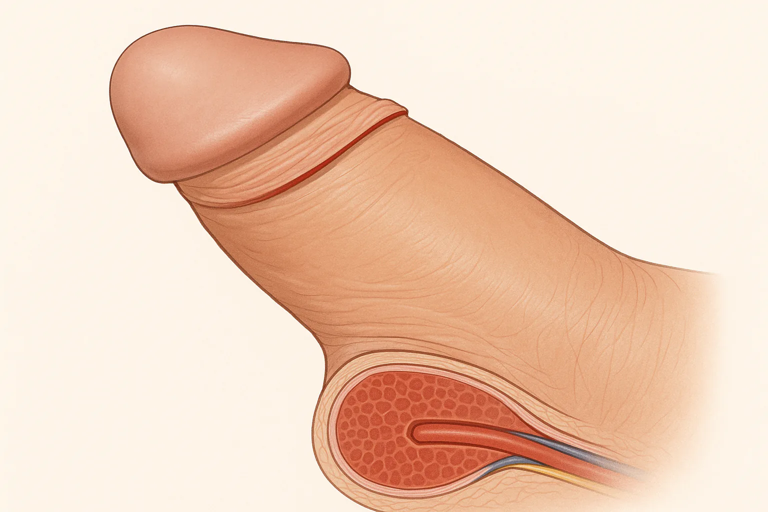 포경 수술 단면 그림, 표피&middot;진피 일부만 절제되는 얕은 절개, 해면체와 신경&middot;혈관 구조는 그대로 보존되는 모습