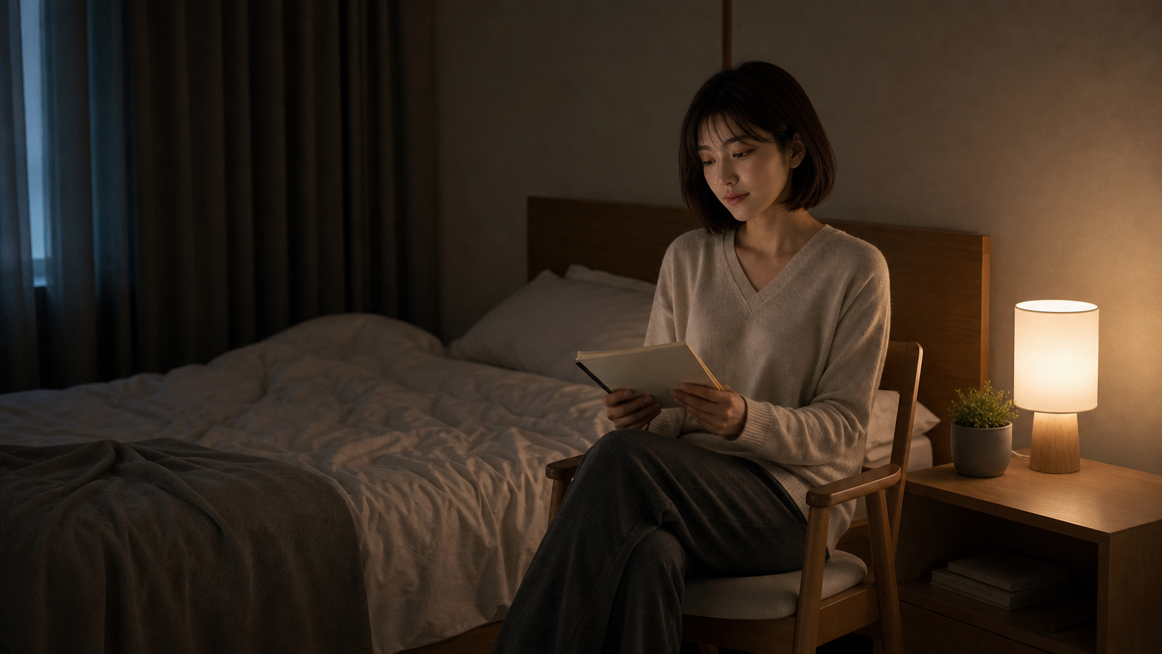 장신구 없이 서윤이 어두운 침실의 낮은 조명 아래 의자에 앉아 책을 보고 있는 장면