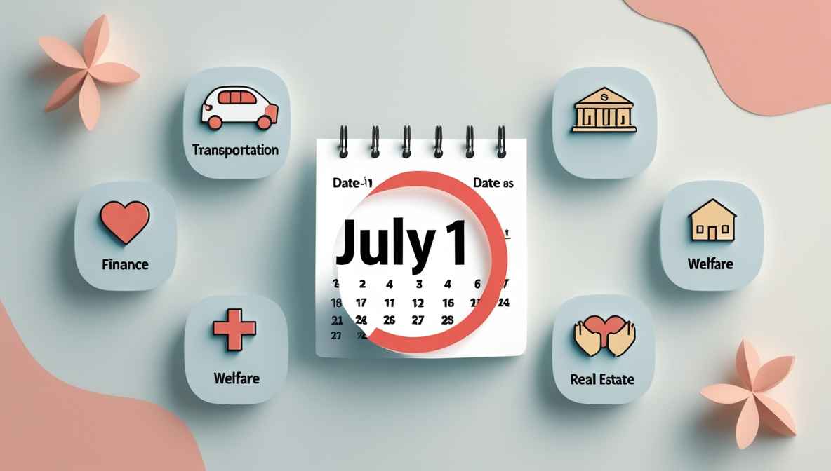 달력의 7월 1일 날짜에 동그라미가 쳐져 있고, 그 주변으로 교통, 금융, 복지, 부동산 아이콘이 그려져 있는 인포그래픽 이미지