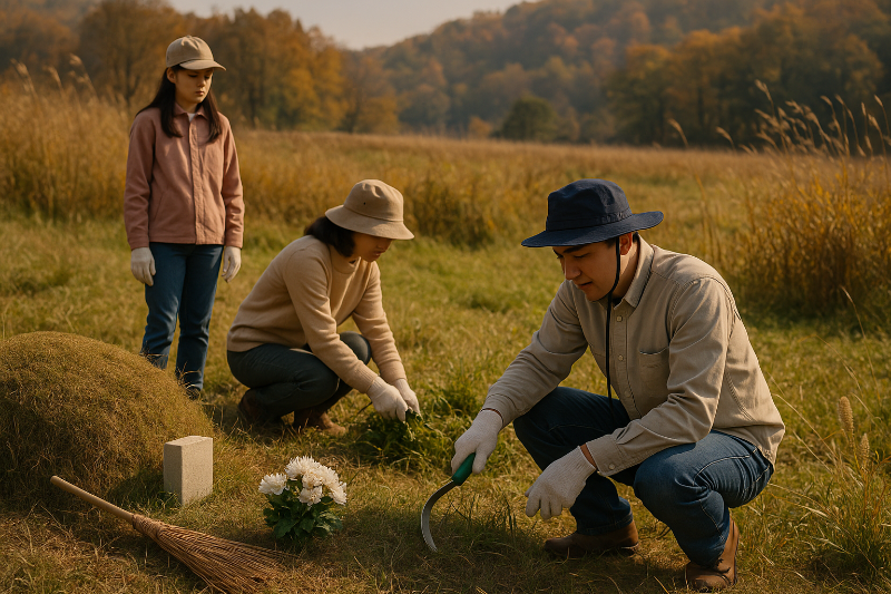 가족이 긴팔·모자를 착용하고 벌초하는 모습, 가을 들판