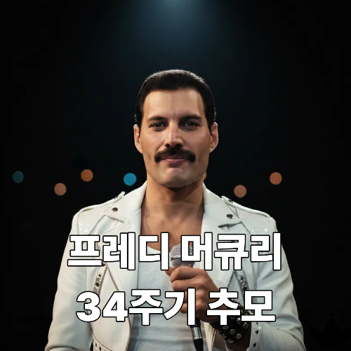 퀸의 전설적인 보컬 프레디 머큐리의 카리스마 넘치는 초상화. 그의 당당함과 내면의 고뇌가 동시에 느껴지는 모습으로, 34주기를 추모하는 의미를 담고 있습니다.