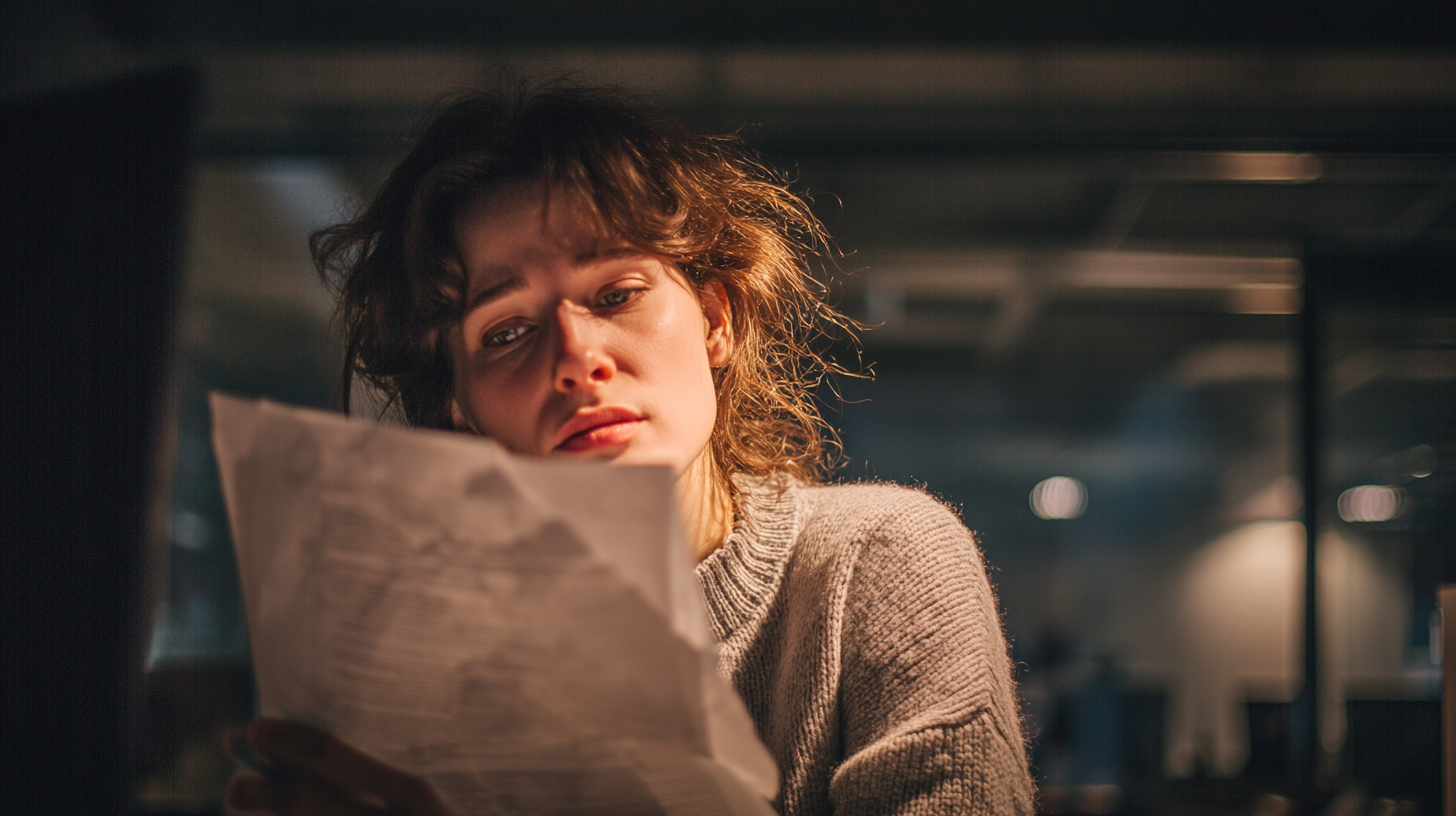 지친 표정으로 계약서를 보는 여자