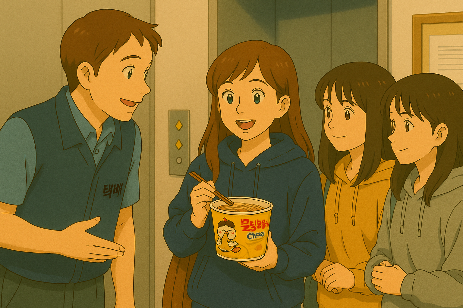 "불닭볶음면이냐는 질문에 웃으며 대답하는 두 여대생"
(질문자-응답자 사이의 유쾌한 긴장과 웃음 )