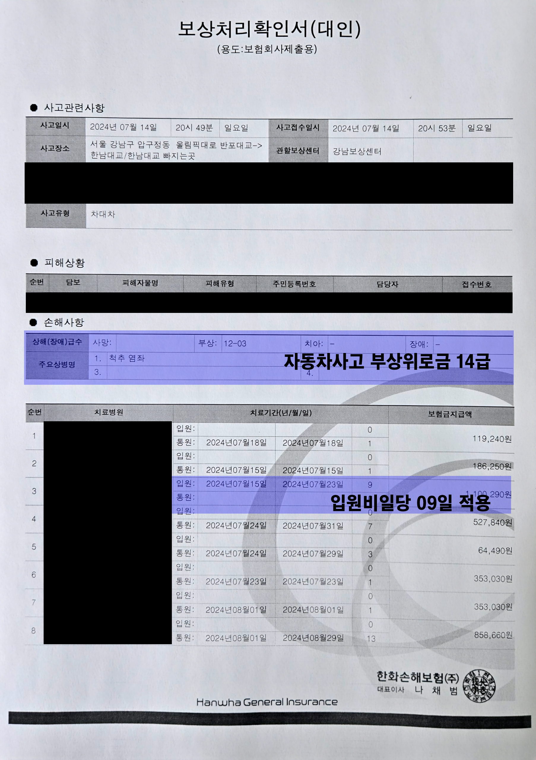 보험청구_답변1_자동차사고부상위로금,입원일당보험