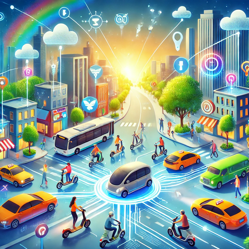 도시에서 카카오T를 사용하는 장면으로, 사용자가 차량 공유, 택시, 전동 킥보드 등 다양한 이동 수단을 통합 앱을 통해 이용하는 역동적이고 혁신적인 분위기