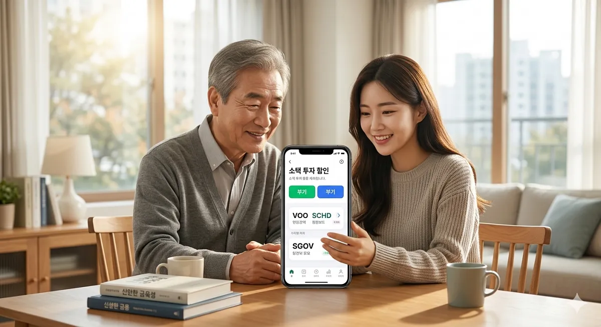 5070 세대와 2030 주린이가 함께 스마트폰으로 VOO, SCHD 투자법을 배우며 웃고 있는 모습