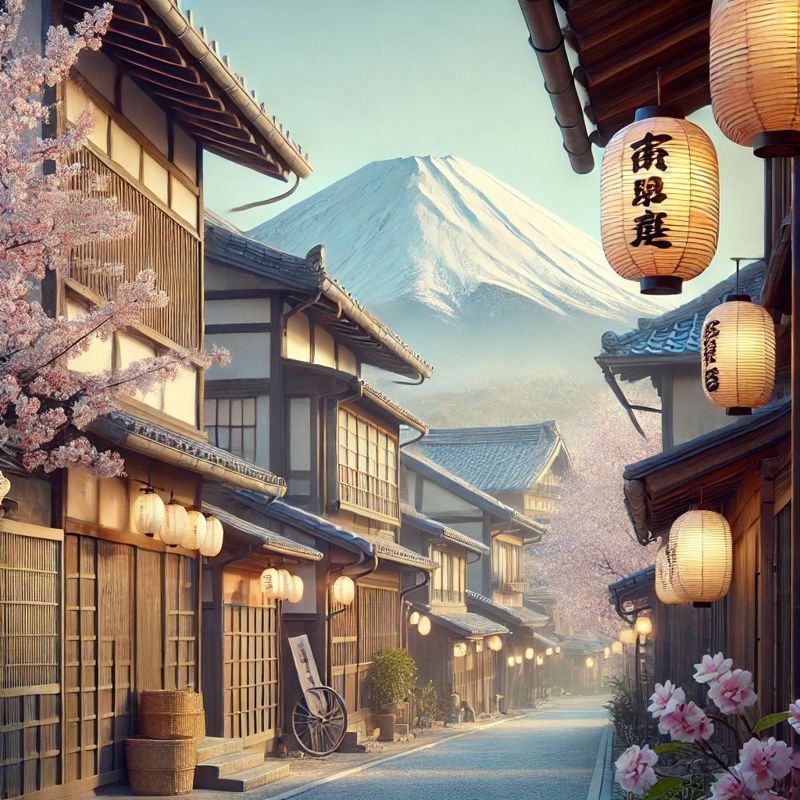 A detailed view of a traditional Japanese street with wooden houses, 일본 관광지