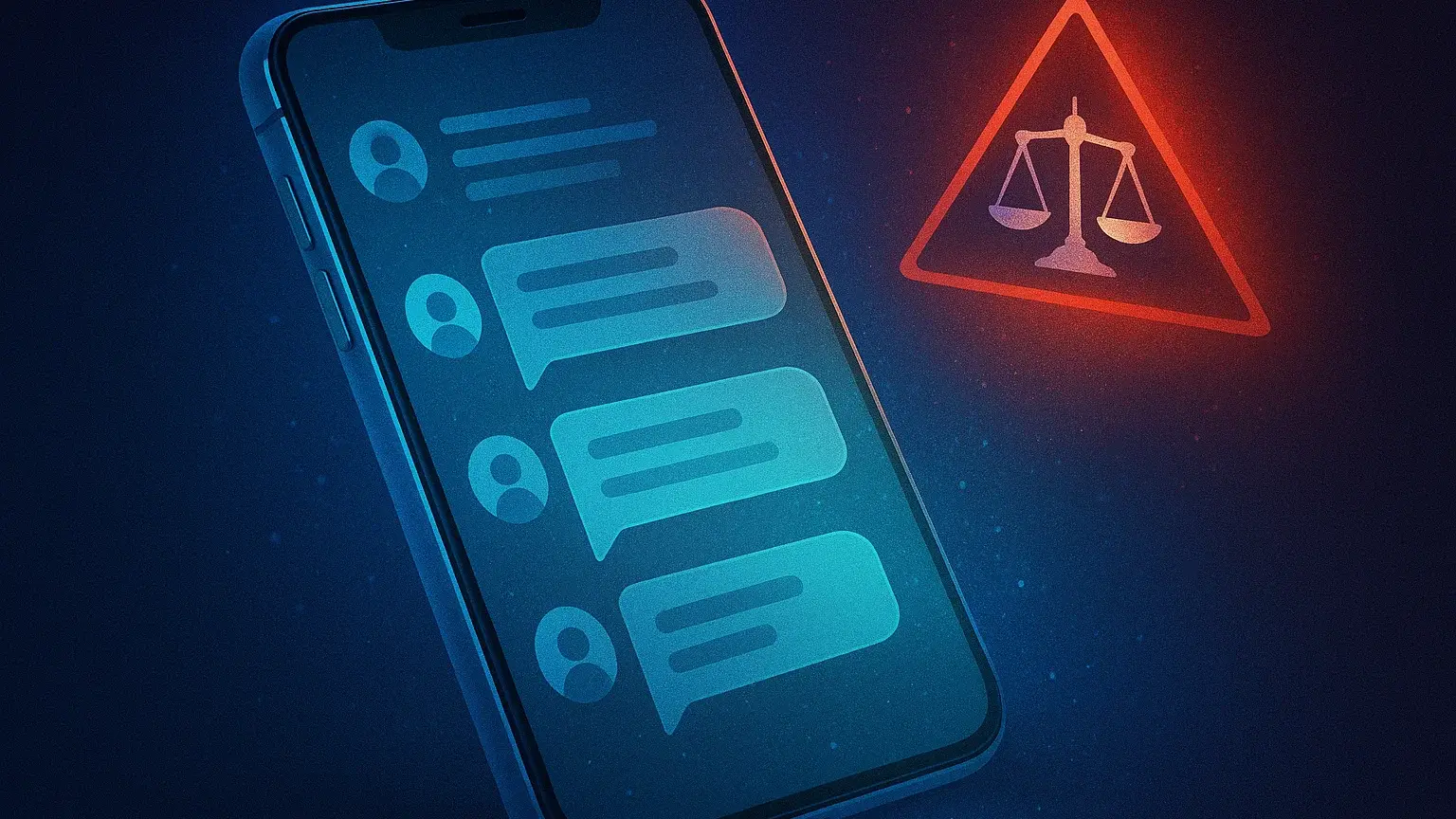 SNS 화면에 댓글창과 법적 경고 아이콘이 함께 표시된 디지털 안전 개념 이미지