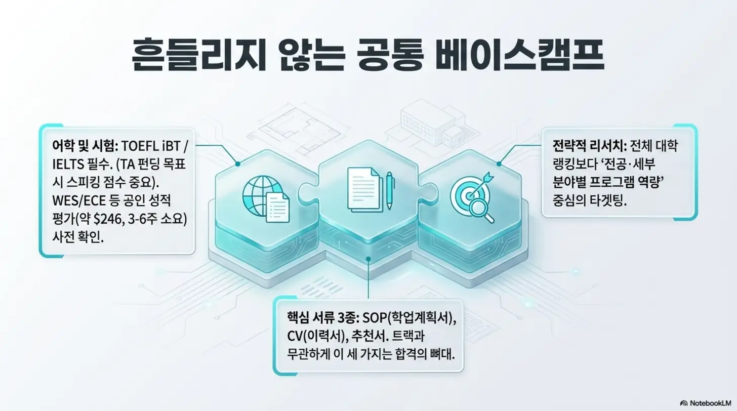 박사와 석사 지원자 모두에게 공통인 미국 대학원 준비 요소. 어학 및 시험(TOEFL IELTS)&amp;#44; 핵심 서류 세 종(SOP CV 추천서)&amp;#44; 전공별 프로그램 중심의 전략적 리서치를 퍼즐 형태로 표현한 인포그래픽. 