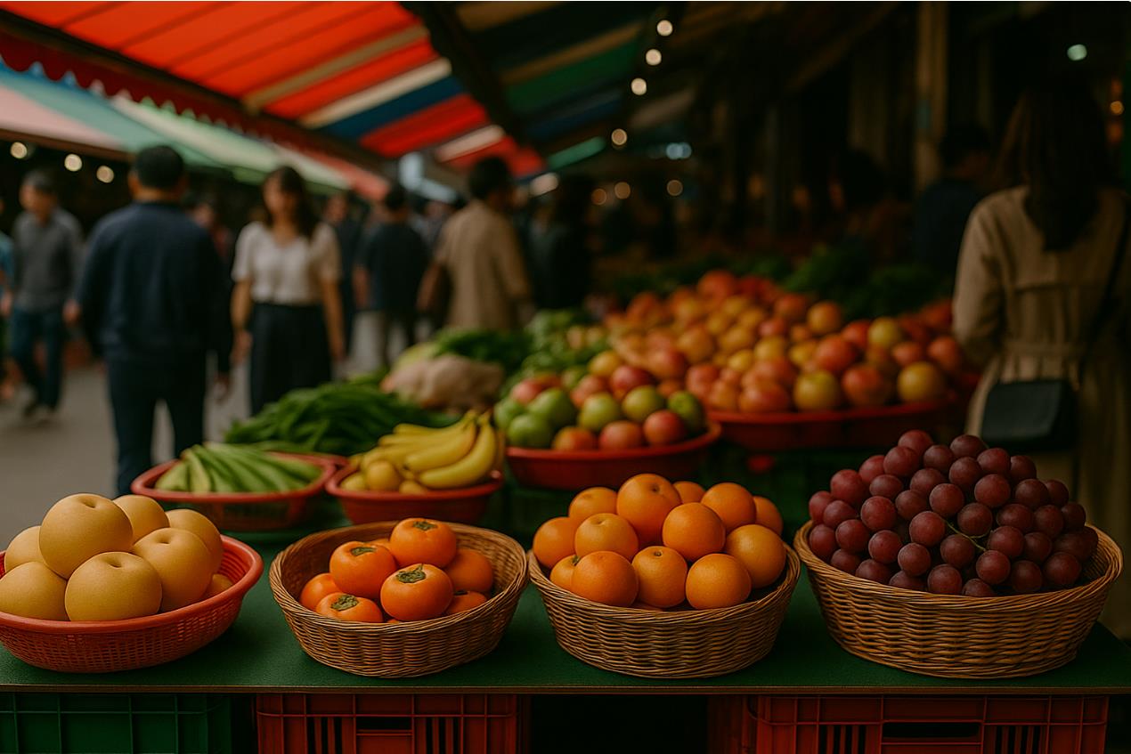 추석 명절 느낌을 주는 다채로운 과일과 채소가 풍성하게 진열된 시장 풍경