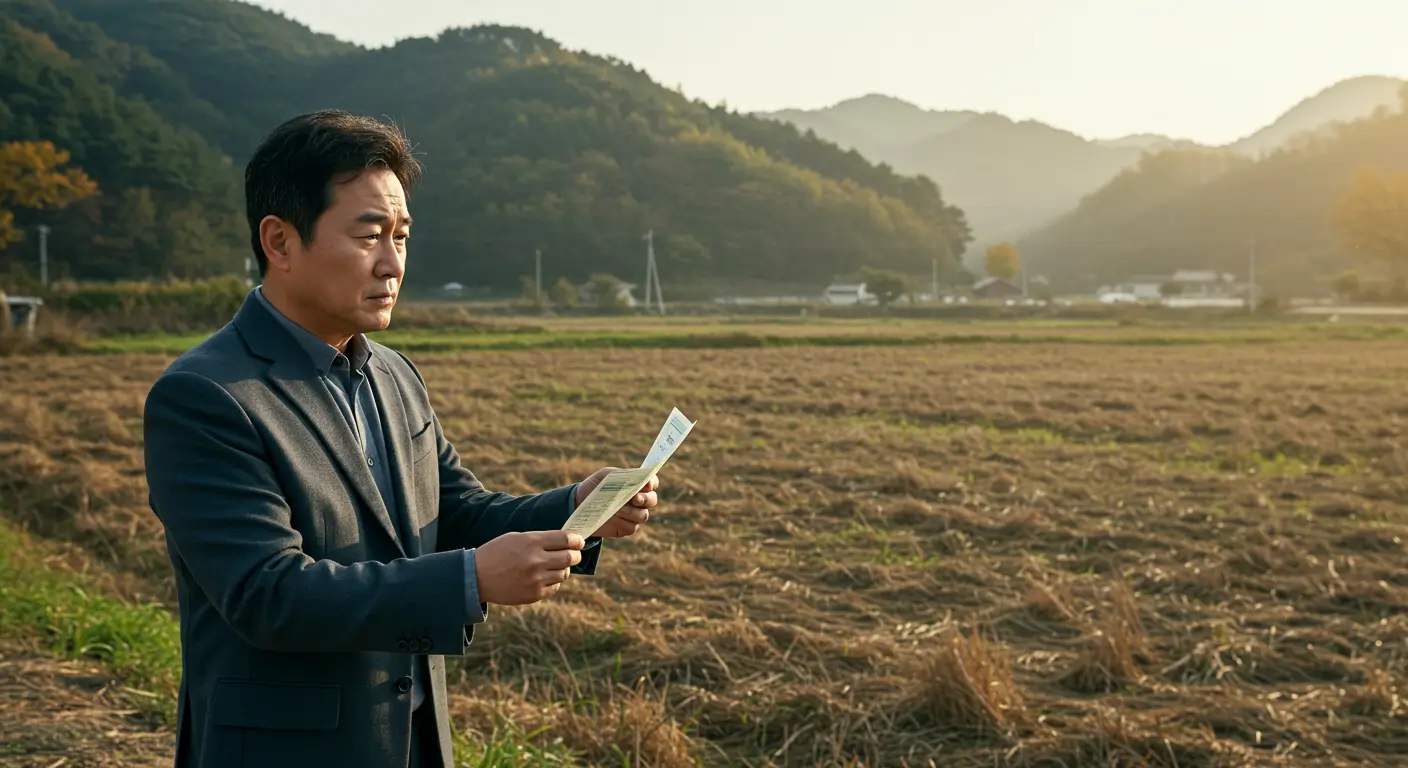 한국의 시골 토지를 배경으로, 자신의 공유지분 대출 한도를 고민하는 중년 남성