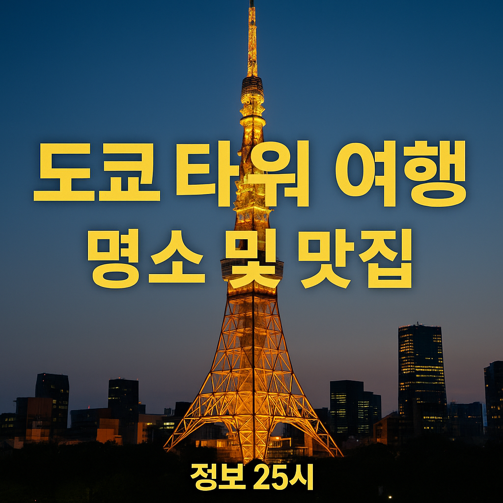 밤에 맑은 하늘 아래 우뚝 솟아 있는 도쿄의 상징, 빨간색의 도쿄 타워