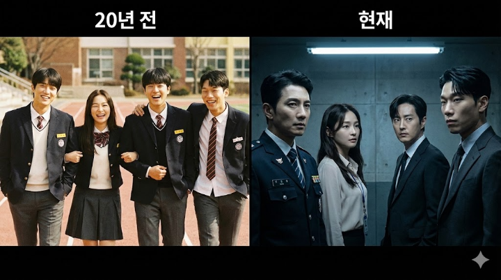 20년 전 친구들의 환한 미소와 현재의 싸늘한 표정을 대비시킨 분할 컷