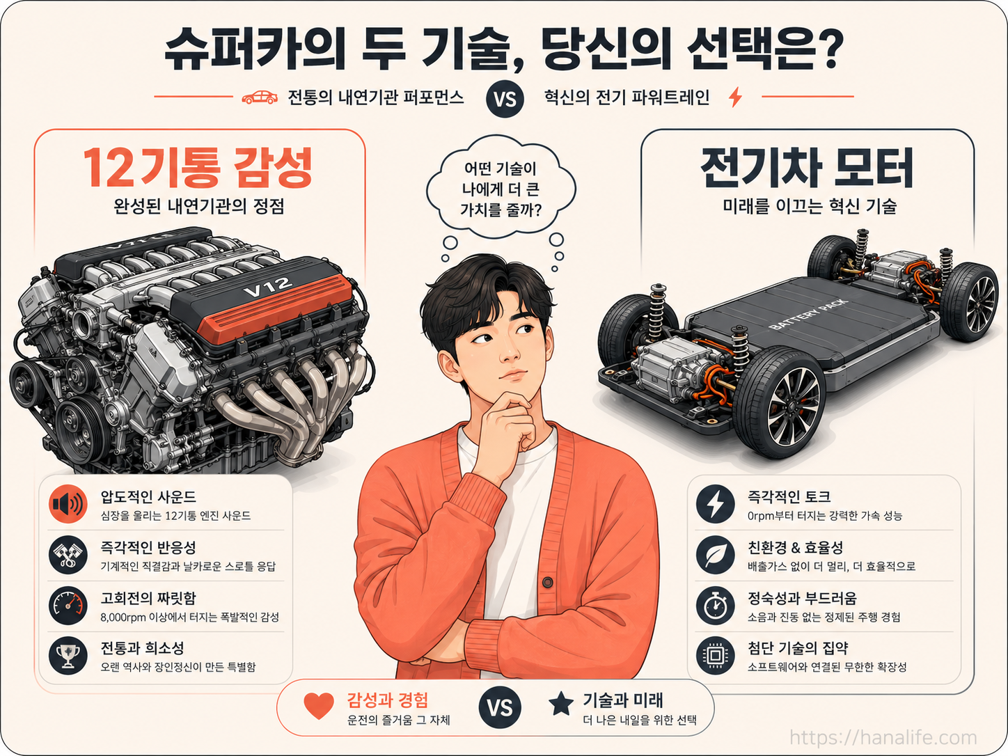 페라리 전기차의 밋밋한 플랫폼과 기존 12기통 내연기관 엔진룸을 대조하는 인포그래픽
