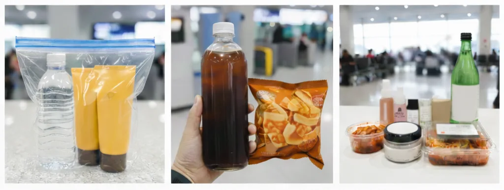 국내선 기내 반입이 가능한 투명 지퍼백에 담긴 생수와 여행용 샴푸, 플라스틱 병에 담긴 음료와 간식, 투명 용기에 담긴 김치와 반찬류가 가로로 나란히 배치된 모습