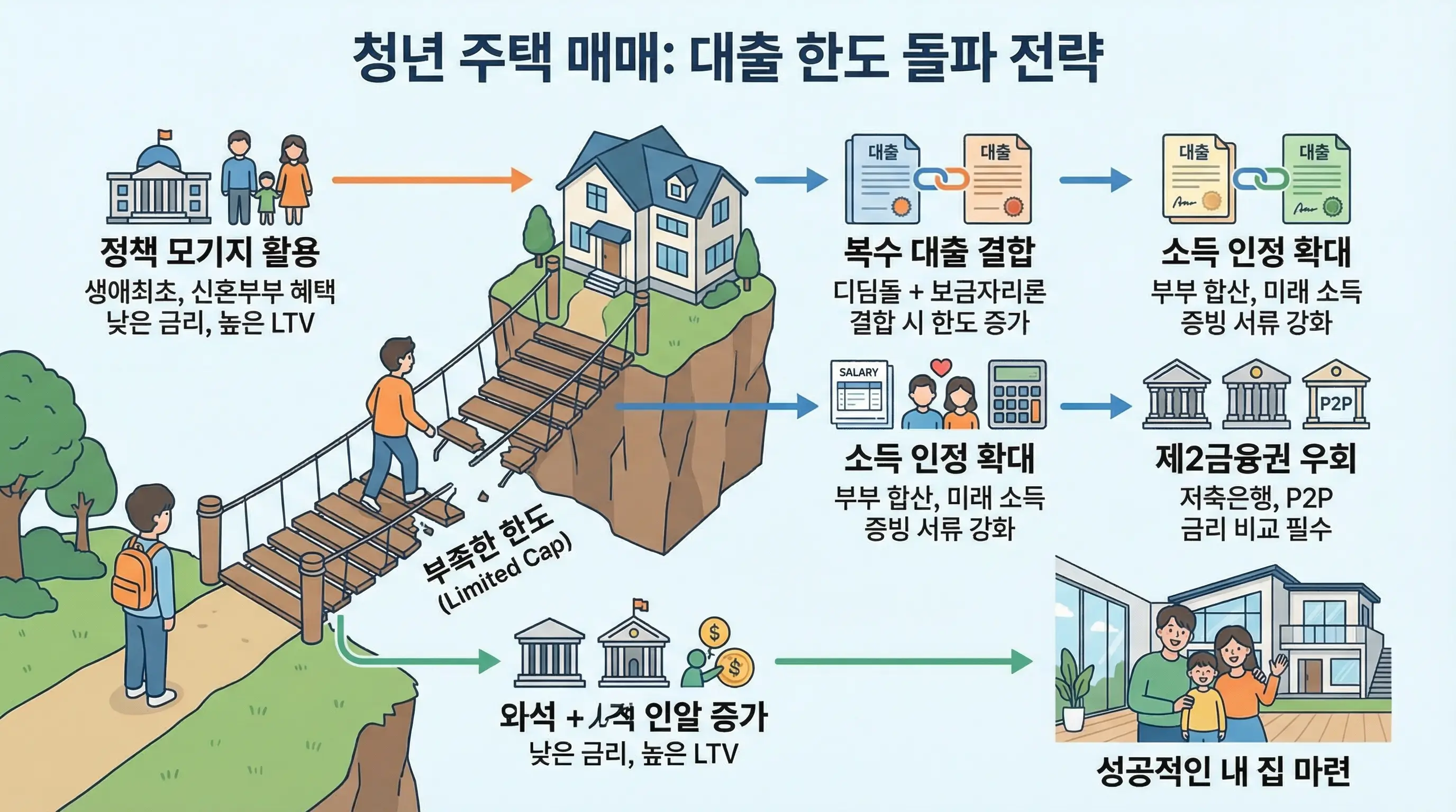 청년 주택 매매 시 부족한 한도 문제를 해결하기 위한 다양한 대출 전략과 우회 방법을 보여주는 인포그래픽