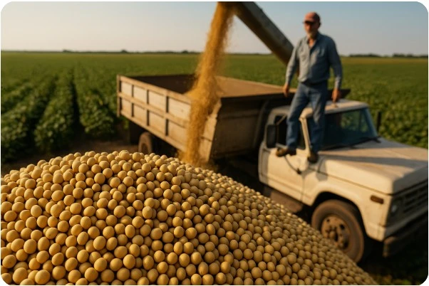 클로즈업된 대두와 트럭 수확 장면