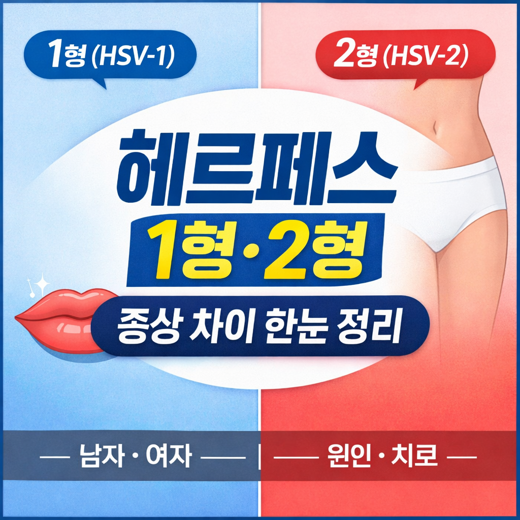 헤르페스 1형과 2형의 증상 차이를 한눈에 비교한 정사각형 썸네일 이미지로, 왼쪽은 HSV-1, 오른쪽은 HSV-2를 상징하는 일러스트와 함께 &lsquo;헤르페스 1형&middot;2형 증상 차이 한눈 정리&rsquo; 문구가 표시되어 있다.