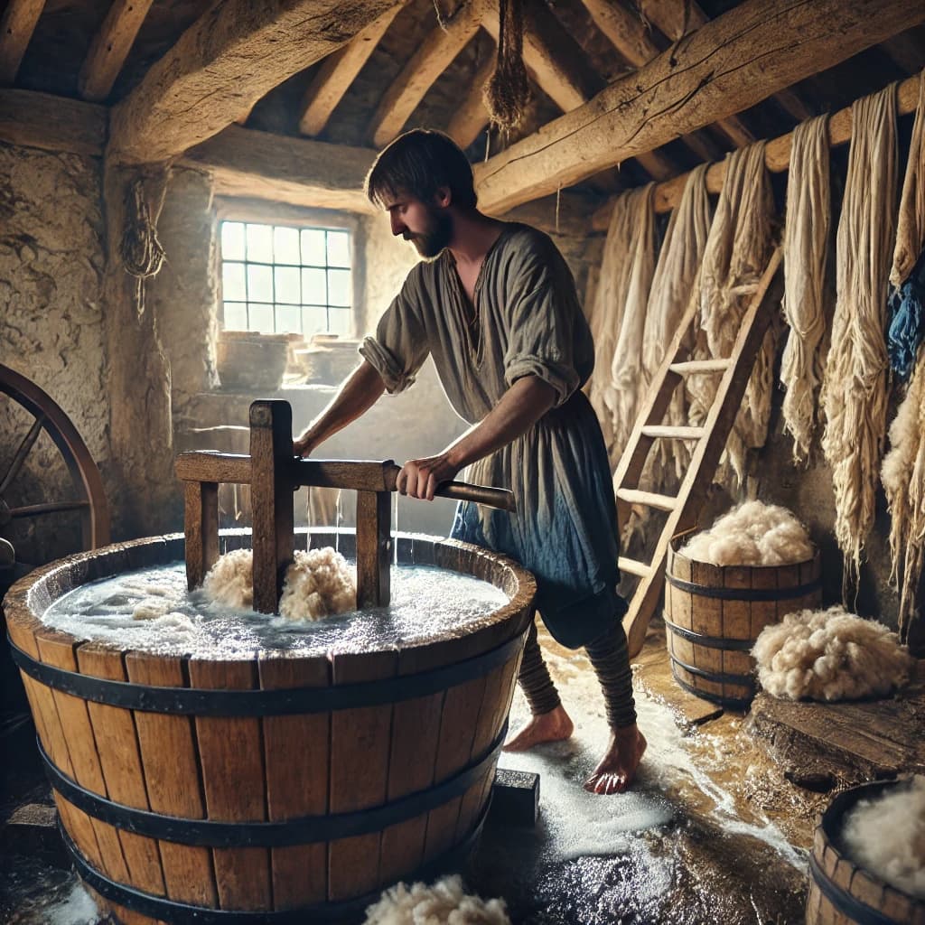 중세 유럽 봉건사회 양모세척공(Wool Fuller)이 작업하는 모습