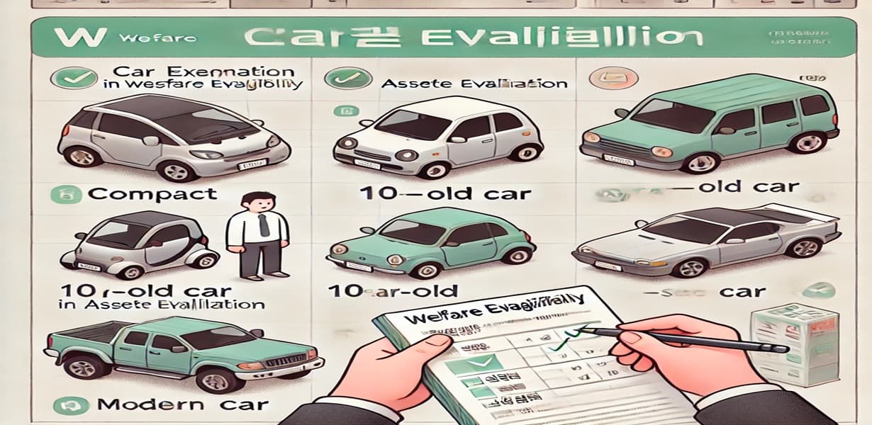 복지 신청 시 차량 재산 인정 기준에 따라 비교 중인 장면 – 다양한 차량과 계산기, 체크리스트 포함