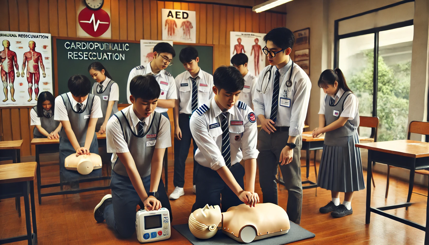 교실에서 심폐소생술(CPR) 실습을 하고 있는 동아시아 고등학생들의 모습