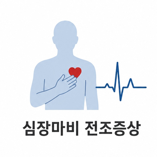 심장마비 전조증상 대표 이미지, 가슴에 손을 얹은 실루엣과 심전도 파형을 결합한 일러스트