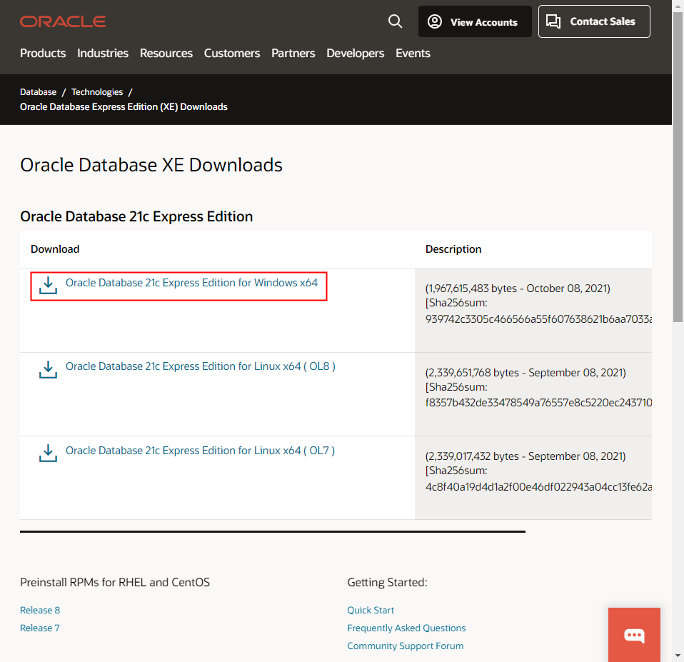 Oracle Express Edition 다운로드 페이지