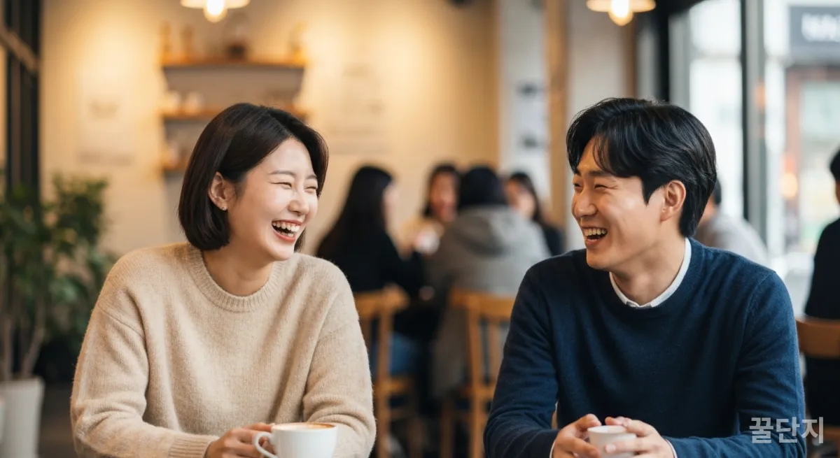 서울의 카페에서 즐겁게 대화하는 한국인 커플