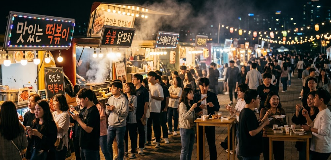 푸드트럭 앞에서 줄을 서서 음식을 기다리는 활기찬 축제 현장 모습