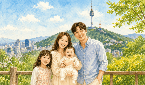 서울타워가 보이는 서울 풍경 앞 아기를 안고 있는 엄마,아빠, 딸 아이가 있는 그림 이미지