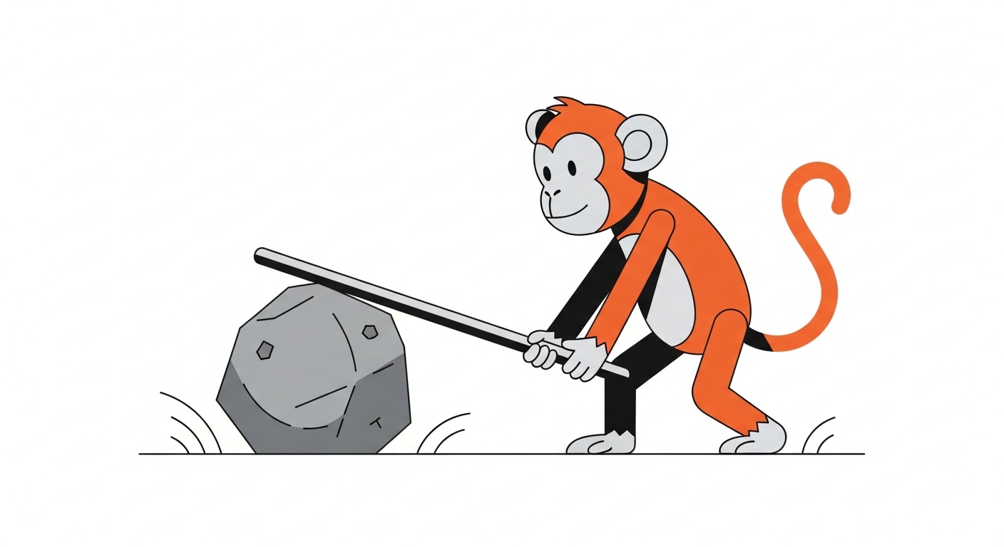 지렛대를 이용해 무거운 바위를 들어 올리며 압박을 이겨내는 지혜로운 원숭이 캐릭터 일러스트