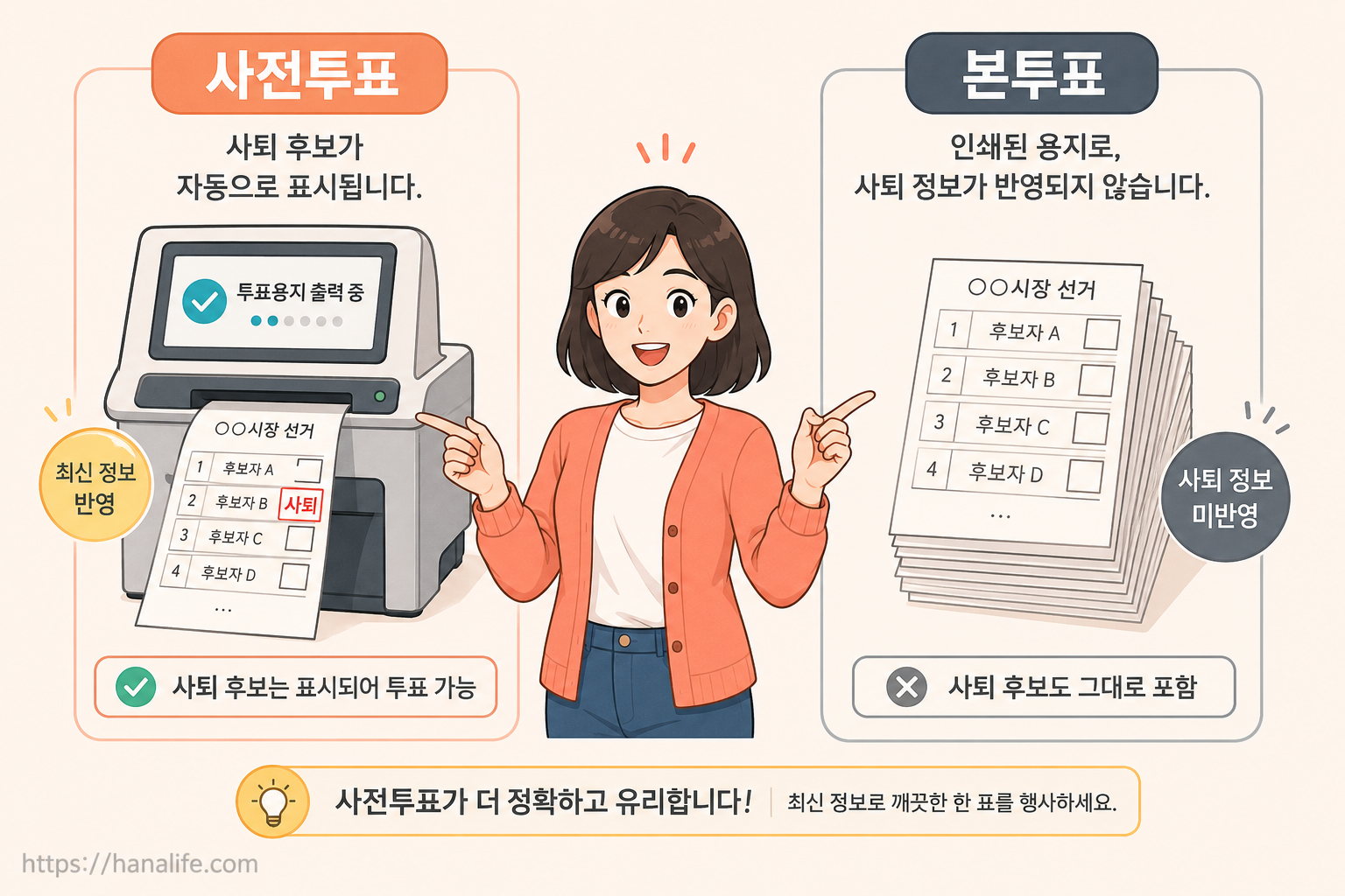 사전투표 인쇄 시스템과 본투표 용지의 사퇴 표시 차이 비교 인포그래픽