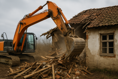 주황색 굴삭기가 붉은 기와지붕이 있는 낡은 단층 폐가를 철거 중