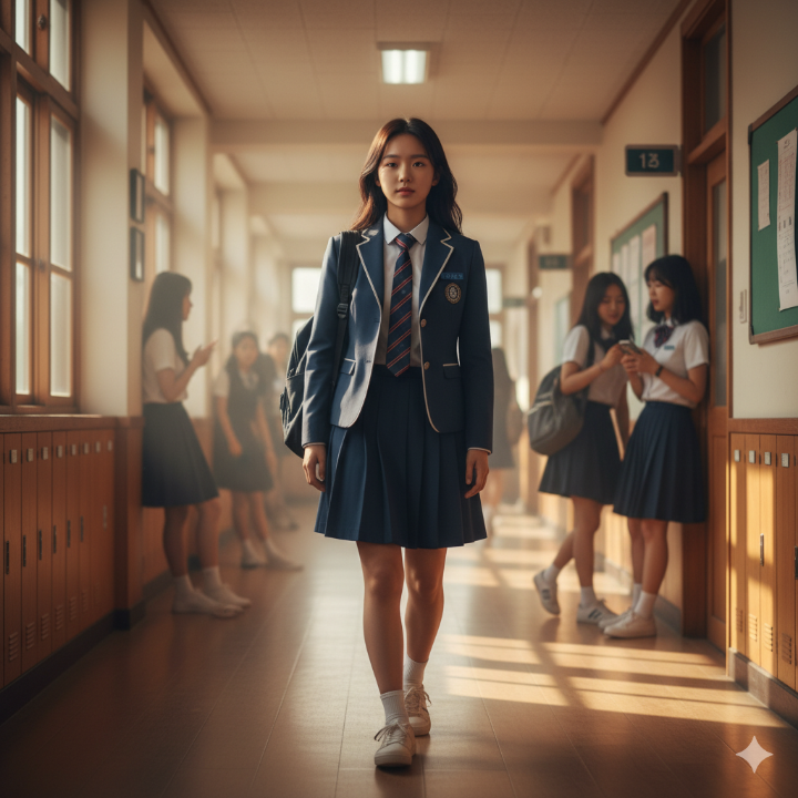 당당하게 학교 복도를 걷는 주인공 홍지민의 모습