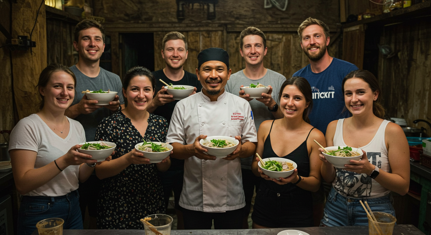 직접 만든 쌀국수 그릇을 들고 쿠킹클래스 셰프, 다른 참가자들과 함께 환하게 웃고 있는 기념사진