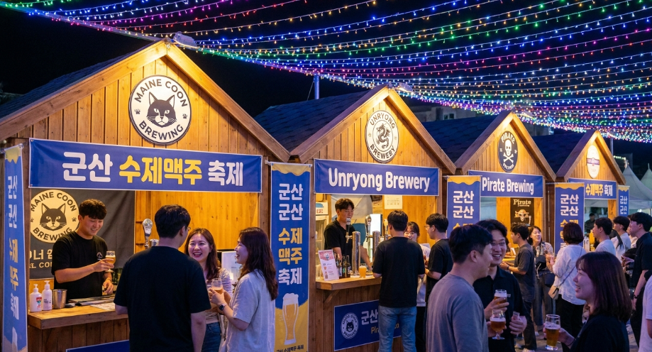 화려한 조명 아래 줄지어 서 있는 4개 로컬 브루어리 부스 전경