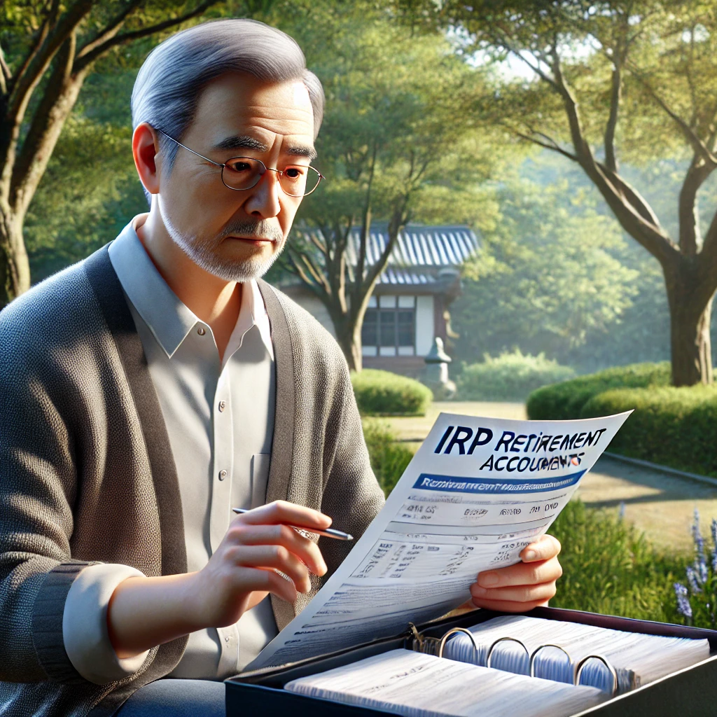 은퇴자(60대)가 공원에서 은퇴 계좌 명세서를 검토하며 깊이 생각하는 모습