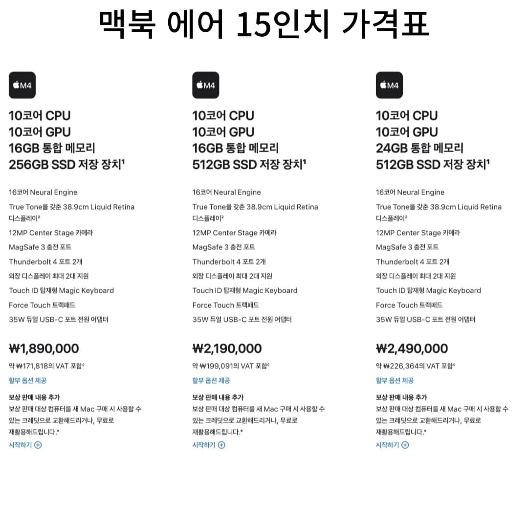 15인치 가격표