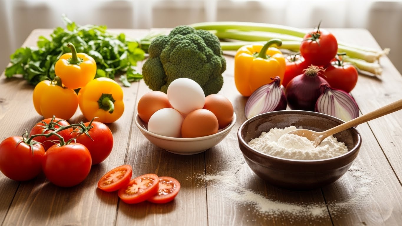 Fresh colorful vegetables, eggs, and flour arranged neatly on a wooden kitchen table. Sunlight streaming through a window, bright and airy atmosphere. Preparation for a home-cooked meal. Food photography style.