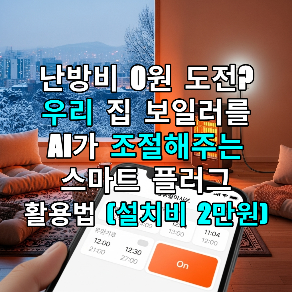 한국의 겨울 거실 벽면 콘센트에 꽂힌 스마트 플러그와 스마트폰 앱으로 난방 기구를 제어하는 모습