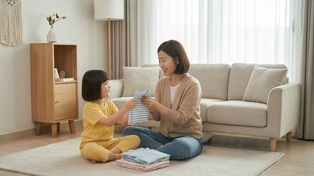 빨래를 함께 개며 웃는 엄마와 딸의 모습