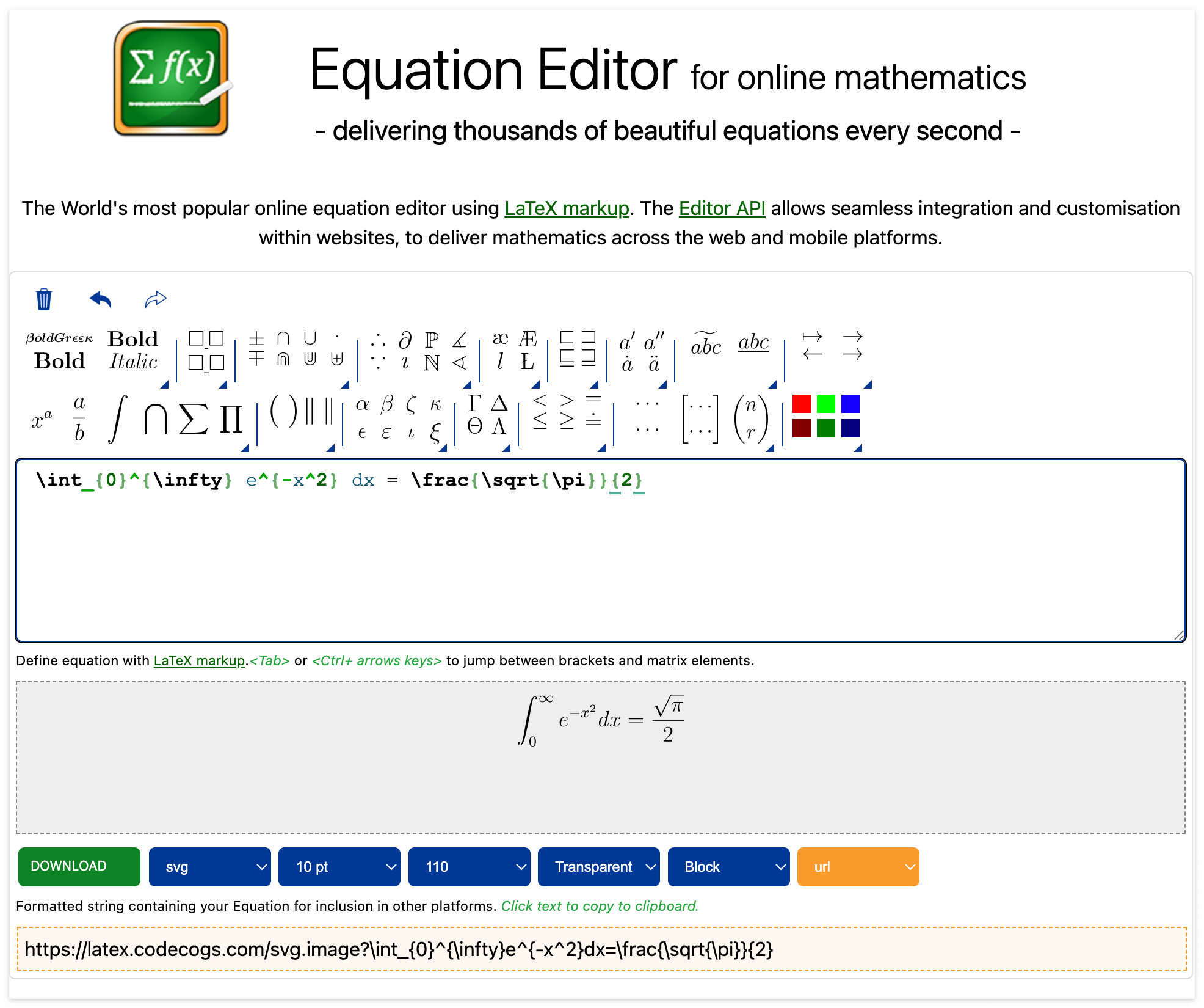 CodeCogs 온라인 수식 편집기 화면
