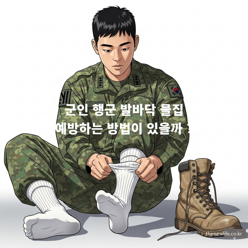 군인 행군 중 발바닥 물집을 예방하기 위해 양말을 준비하는 모습