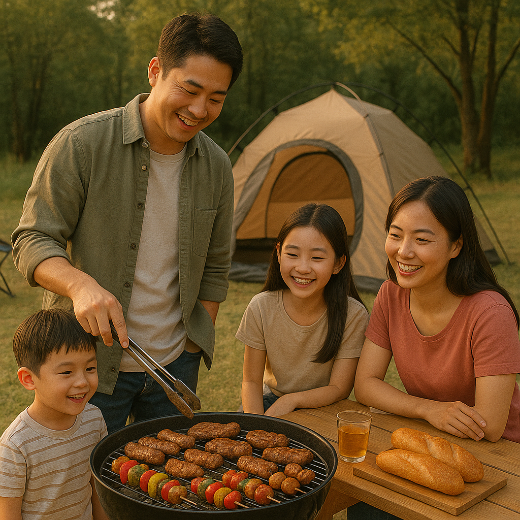 캠핑장에서 바비큐 만들어 먹는 모습