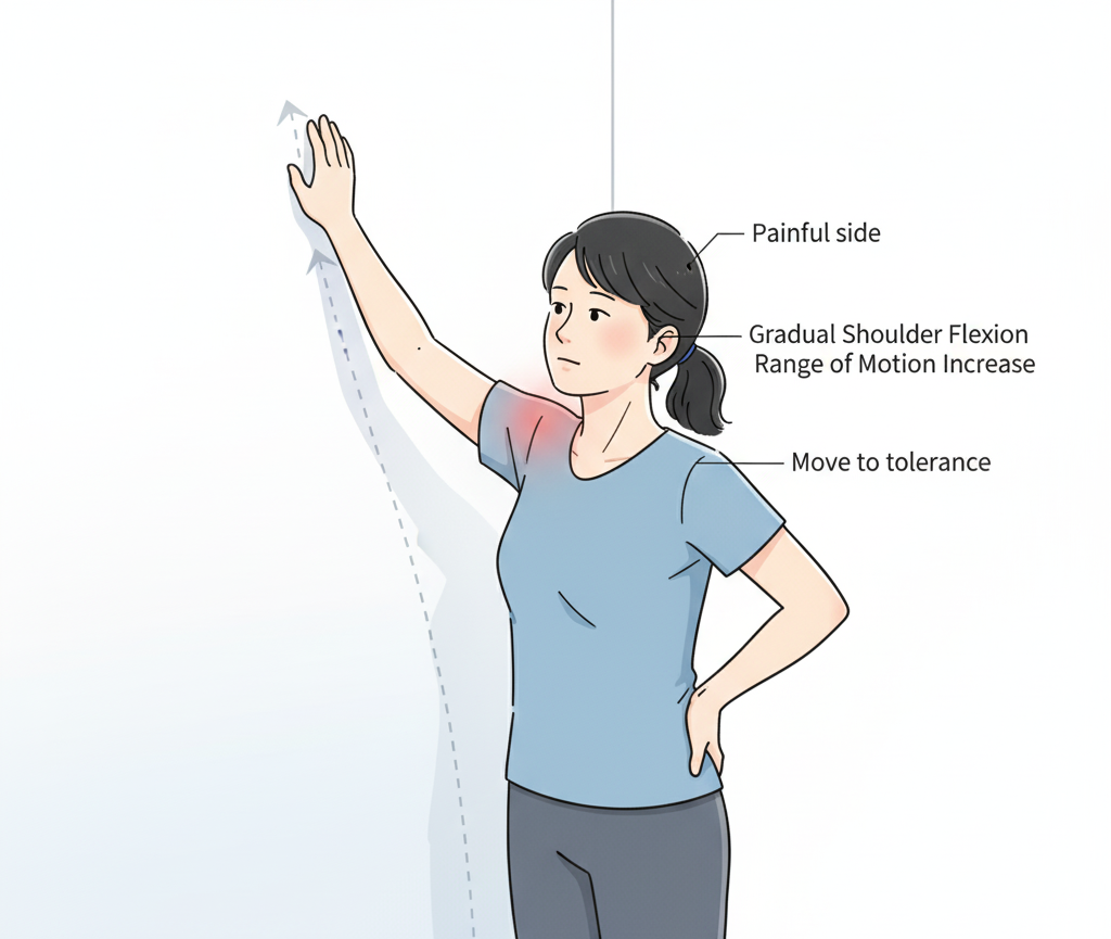 오십견 벽 짚고 팔 올리기 스트레칭 자세