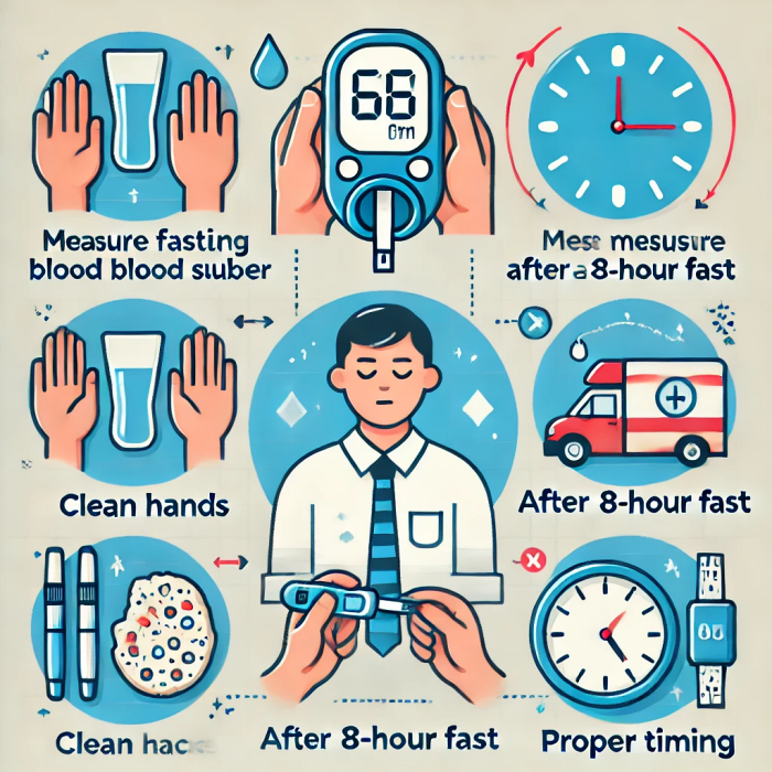 8시간 공복 후 혈당 측정 방법을 설명하는 단계별 그래픽