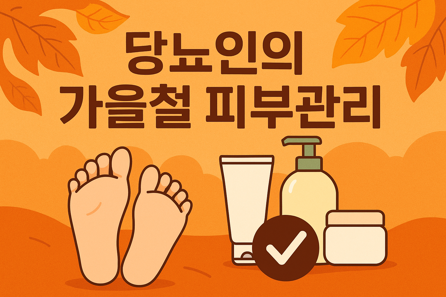 을 배경 속에서 보습제를 바르는 손과 발을 강조한 일러스트. 당뇨인의 피부 관리와 발 관리의 중요성을 상징적으로 표현한 썸네일 이미지